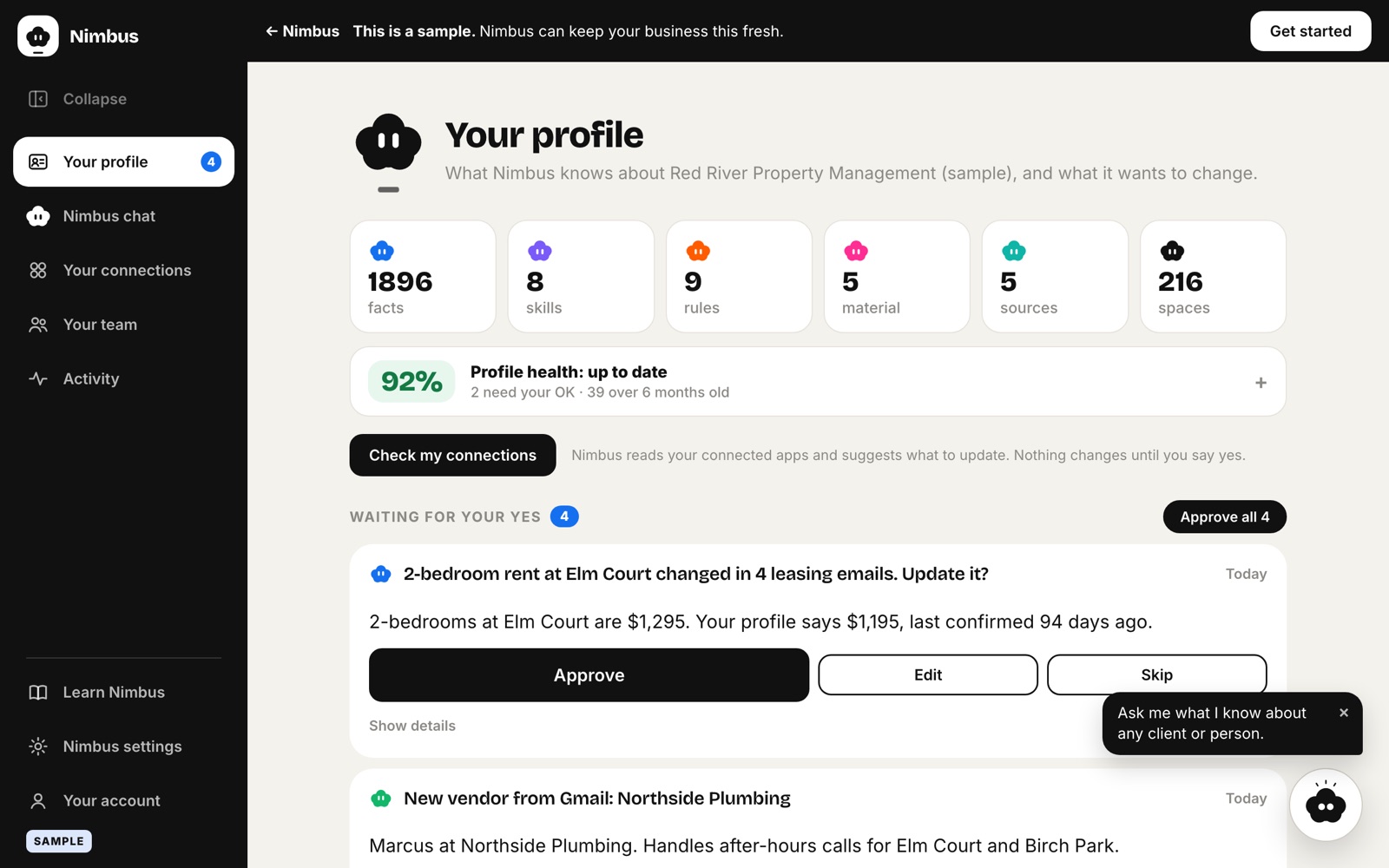 The sample Nimbus profile for Red River Property Management: about 1,900 facts, 9 rules, and changes waiting for a yes